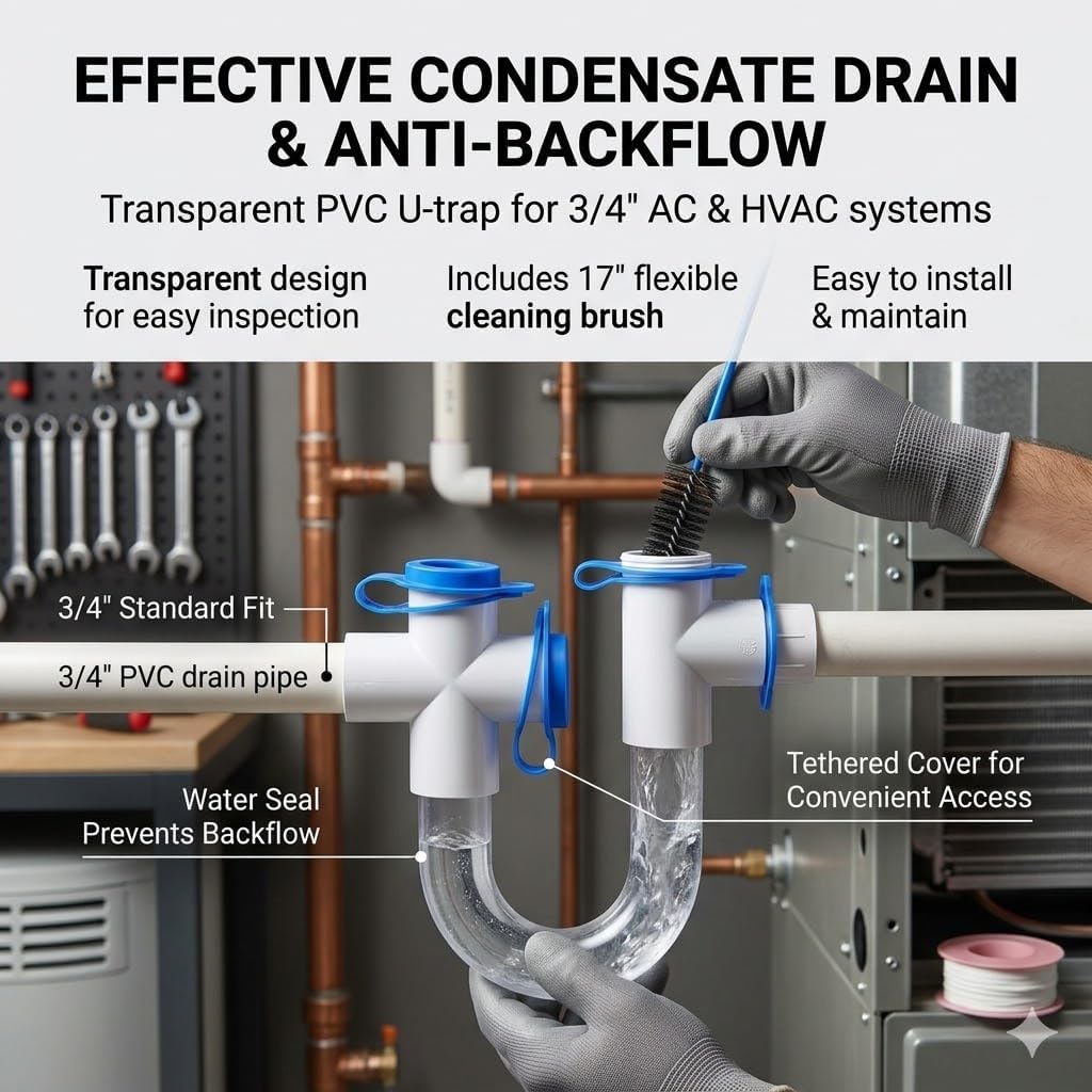 3/4" Standard Condensate Trap with 17" Cleaning Brush PVC Transparent U Trap for HVAC Systems, Air Conditioner, Effectively Drains Condensate (2Pack)