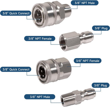 3/8 Inch 3/8'' Pressure Washer Quick Connect Fittings Stainless Steel Adapter Set NPT Male and Female Thread Kit, Silver