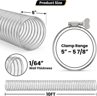 5" x 10' Heavy Duty Dust Collection Hose, Thickened Clear PVC Flexible Hose with Steel Wire Reinforced, Puncture Resistant for Woodworking Dust Collector System