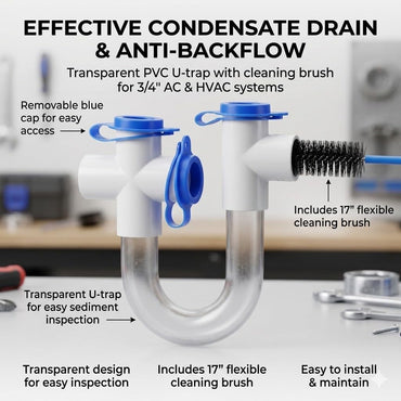 3/4" Standard Condensate Trap with 17" Cleaning Brush PVC Transparent U Trap for HVAC Systems, Air Conditioner, Effectively Drains Condensate (6Pack)