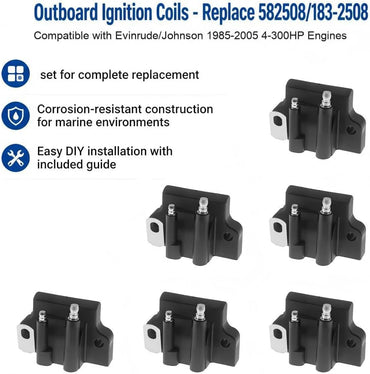 18-5179 183-2508 582508 Ignition Coil for Johnson Outboard Motor Evinrude 1985-2005 4HP to 300HP 60hp 70 hp 90 hp 100hp 115hp 125hp 140hp 200 hp 225hp Replaces 18-5179 183-2508 582508 72010 6 Packs