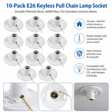 20 Pack for E26 Light Base Socket with Pull Chain Keyless Lamp Base Holder White Ceiling Bulb Socket 660W Outlet Box Mount for Incandescent for LED for Fluorescent Bulbs Indoor Outdoor Use