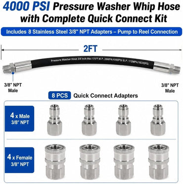 2FT Pressure Washer Whip Hose 4000 PSI Includes 4 Set 3/8" Male and Female Quick Connectors High Pressure Jumper Hose with 3/8" NPT Steel Connectors for Hose Reel, Pump to Reel Connection