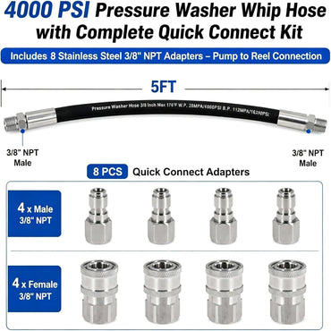 5FT Pressure Washer Whip Hose 4000 PSI Includes 4 Set 3/8" Male and Female Quick Connectors High Pressure Jumper Hose with 3/8" NPT Steel Connectors for Hose Reel, Pump to Reel Connection