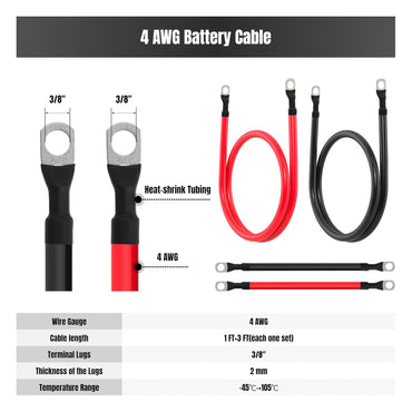 4 AWG Battery Cable 4 Gauge Battery Cables 4AWG Battery Power Inverter Wires Cables with 3/8 inch Lugs for Solar Systems, RVs, Campers, Travel Trailers, Cars (1FT + 3FT)