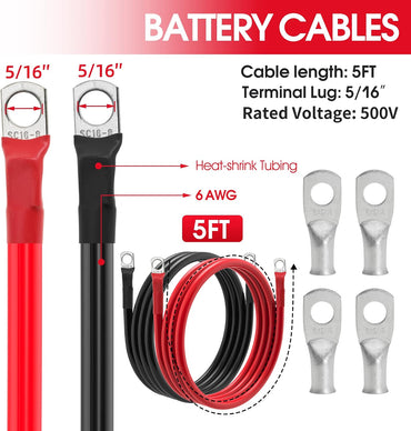 6 AWG Battery Cable 6 Gauge Battery Wires with 5/16 terminals Power Inverter Cables for Solar Boat Marine RV Car (5FT, with 6 AWG 5/16" Lugs)