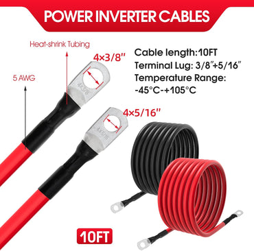 5 AWG Battery Cables 5 Gauge Power Inverter Cables with 3/8 Inch and 5/16 Inch Lugs Each End for Solar Marine Boat Vessel RV Car SUV Truck Tractor Motorcycle 2pcs (10FT, 5 AWG)