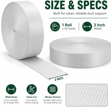 Heavy Duty Duct Strap, 1.95 in x 147 ft Nylon Webbing for HVAC Duct, Durable Support Band for Building Non-Conductive, Fast Installation, Multiple Duct Types, 100YD Grey