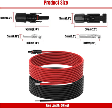 30Ft 10AWG Solar Panel Extension Cable, 10 AWG Solar Extension Cable 10 Gauge 30 Feet Solar Wire with Solar Panel Female Male Waterproof Connectors for RV Boat Home (10 AWG-30Ft)