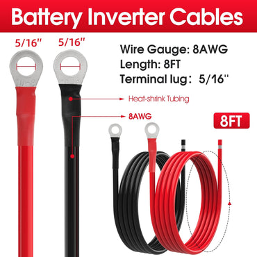 8 AWG Battery Cables 8 Gauge Solar Panel Wire Tinned Copper Extension Cable with 5/16'' Lugs for RV Solar Panel Car Automotive (8AWG 8FT)