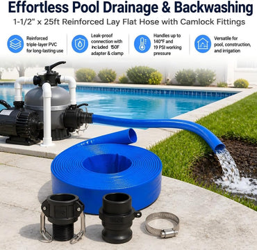 Pool Backwash Drain Hose Lay Flat Discharge Hose 1-1/2" x 25ft Reinforced Drain Pipe with Camlock Fittings for Pump Pool Drainage Includes 150F Adapter and Stainless Steel Clamp