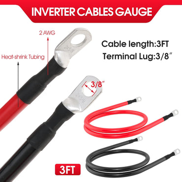 2 AWG Battery Cable 2AWG Gauge Battery Inverter Cables with 3/8 in Lugs Pure Copper Power Inverter Wire Set for Solar Marine Boat RV Car Motorcycle 2pcs (3FT)