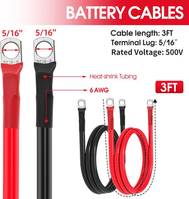 6 AWG Battery Cable 6 Gauge Battery Wires with 5/16 terminals Power Inverter Cables for Solar Boat Marine RV Car (3FT, 1 red +1 black cable)