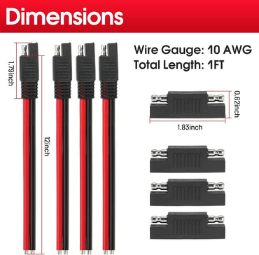 1FT 10AWG SAE Extension Cable, 10 Gauge SAE Connector Cable 10 AWG 2 Pin SAE Quick Disconnect for Solar RV Automotive, 8PCS