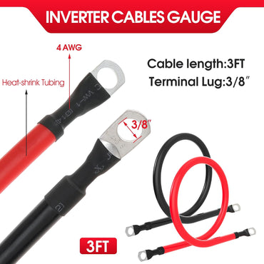 4 AWG Battery Cable 4AWG Gauge Pure Copper Battery Inverter Cables with 3/8 in Lugs Both Ends Power Inverter Wire Set for Automotive Solar Marine Boat RV Car Motorcycle Red and Black (3FT)