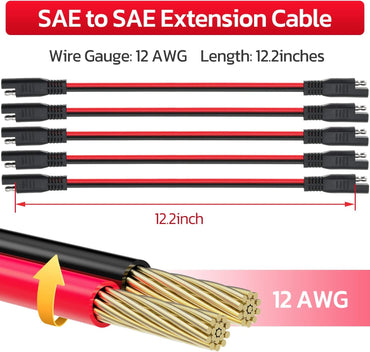12 AWG SAE to SAE Extension Cable 12 Gauge 2-Pin SAE Connector Extension Cord with Dual Head Plug for Solar Panel Automotive Car Motorcycle 12in