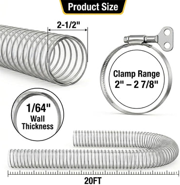 2-1/2" x 20' Heavy Duty Dust Collection Hose, Thickened Clear PVC Flexible Hose with Steel Wire Reinforced, Puncture Resistant for Woodworking Dust Collector System, with 4 Hose Clamps