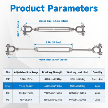 2 PCS M8 Turnbuckle 5/16" Steel Jaw and Jaw Turnbuckle, Adjustable Small Turnbuckle Tensioner, Cable Tensioner, 1140 LBS Working Load Limit, Turnbuckles for Cables Wire Clothesline Shade Sail