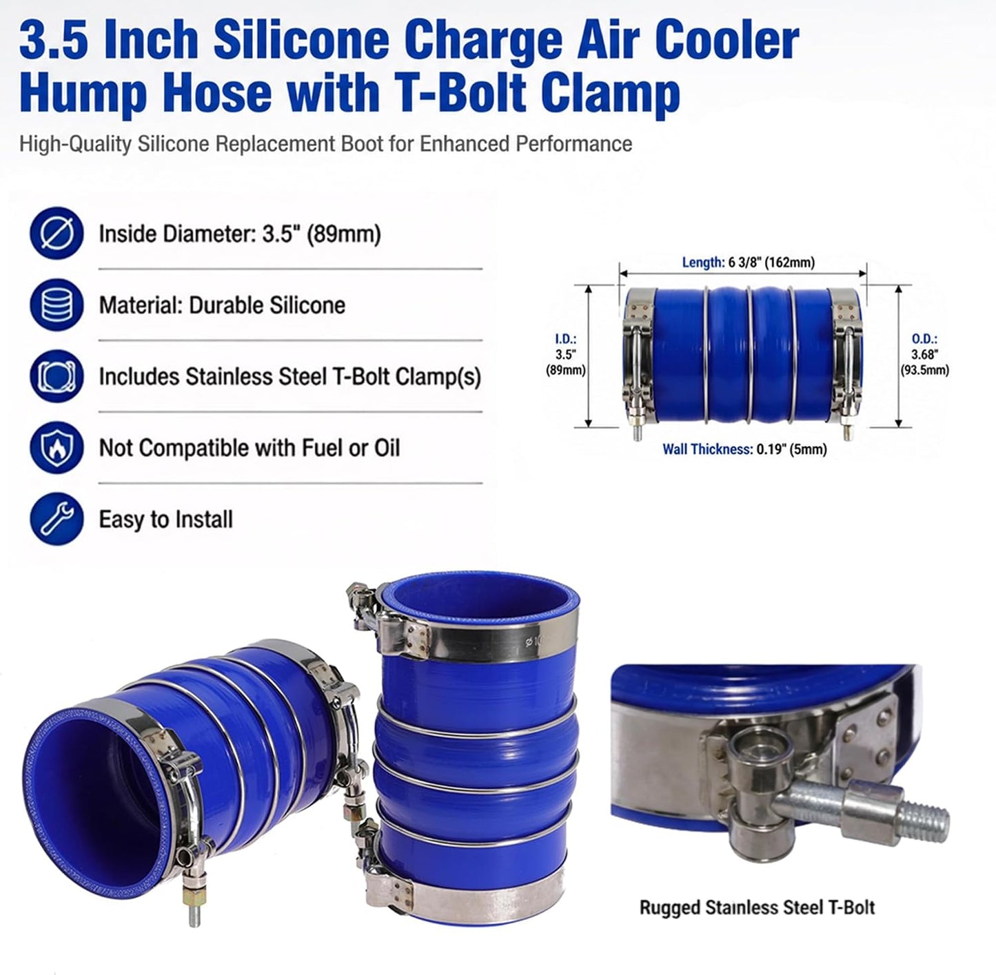 3.5 Inch Silicone Charge Air Cooler Hump Hose Boot Set 3 1/2 x 6 3/8 Inch with T Bolt Clamp Blue 2PC