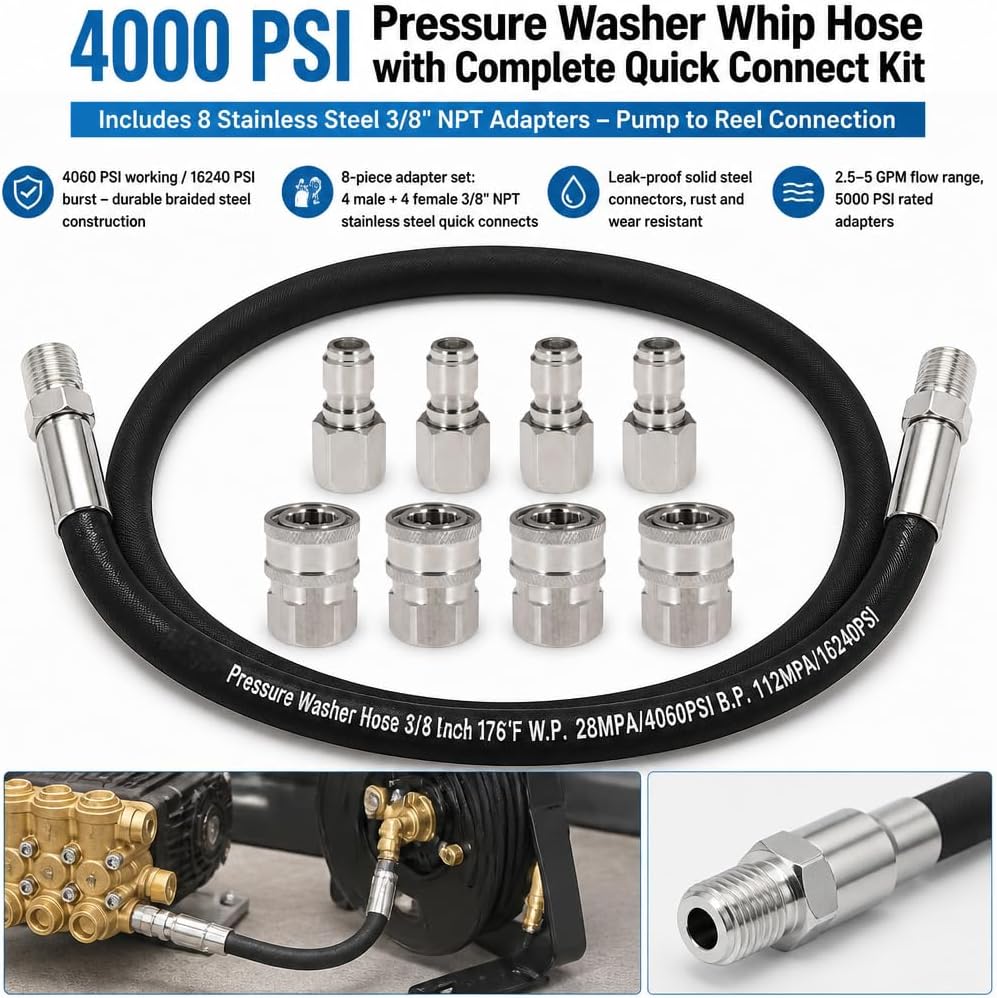 2FT Pressure Washer Whip Hose 4000 PSI Includes 4 Set 3/8" Male and Female Quick Connectors High Pressure Jumper Hose with 3/8" NPT Steel Connectors for Hose Reel, Pump to Reel Connection