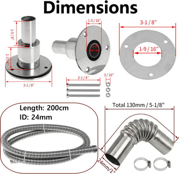 200cm 24mm Exhaust Pipe for Diesel Heater, 1 Inch ID Generator Exhaust Extension with Thru Hull Exhaust Skin and Tube Elbow Connector