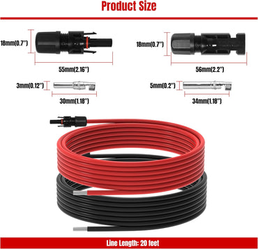 20Ft 10AWG Solar Panel Extension Cable, 10 AWG Solar Extension Cable 10 Gauge 20 Feet Solar Wire with Solar Panel Female Male Waterproof Connectors for RV Boat Home (10 AWG-20Ft)