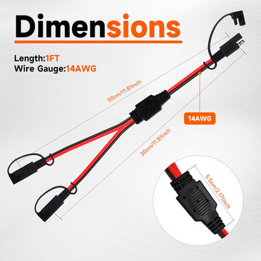 12 Inch 14AWG SAE Y Splitter 14 AWG 14 Gauge 1 to 2 SAE Extension Cable, 2 Prong DC Power Connector with Dust Cover for Solar Panel Battery Charger (14AWG 12in, 1pcs)