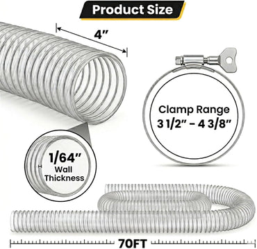 4" x 70' Heavy Duty Dust Collection Hose, Thickened Clear PVC Flexible Hose with Steel Wire Reinforced, Puncture Resistant for Woodworking Dust Collector System