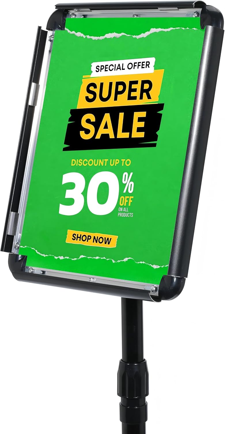 Adjustable Pedestal Floor Standing Sign Holder for 8.5*11 inch 360° Rotation Snap-Open Frame Display Outdoor Indoor Poster or Chalk Board Display for School Restaurant Business Mall Advertising 4PC