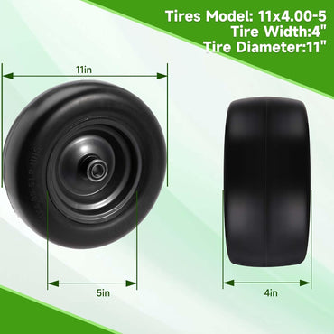 11x4.00-5 Solid Smooth Tires, Flat Free Lawn Mower Tires for Zero- Turn and Garden Tractor Mowers with 3/4" or 5/8" Bushing, Fit 3.4", 4", 4.5", 5" Centered Hub,1 Pack