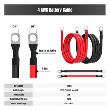 4 AWG Battery Cable 4 Gauge Battery Cables 4AWG Battery Power Inverter Wires Cables with 3/8 inch Lugs for Solar Systems, RVs, Campers, Travel Trailers, Cars (1FT + 5FT)