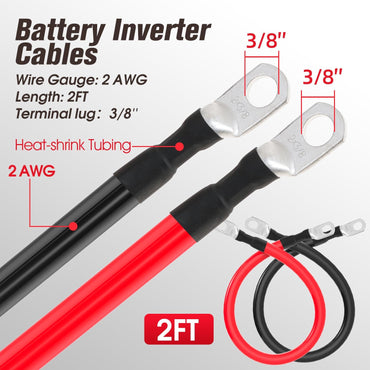 2 AWG Battery Cable 2AWG Gauge Battery Inverter Cables for Automotive Solar Marine Boat RV Car Motorcycle (2 AWG, 2FT, 3/8")