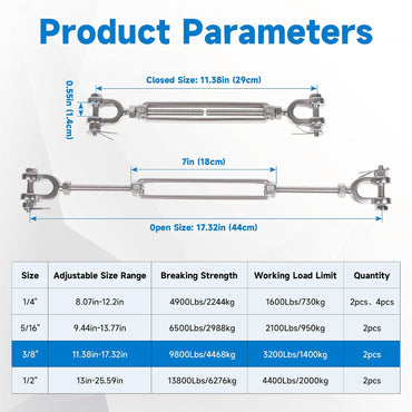 1/4" 304 Stainless Steel Jaw and Jaw Turnbuckle, Adjustable Small Turnbuckle Tensioner, Cable Tensioner, 1140 LBS Working Load Limit, Turnbuckles for Cables Wire Clothesline Shade Sail (M10-3/8-2pcs)