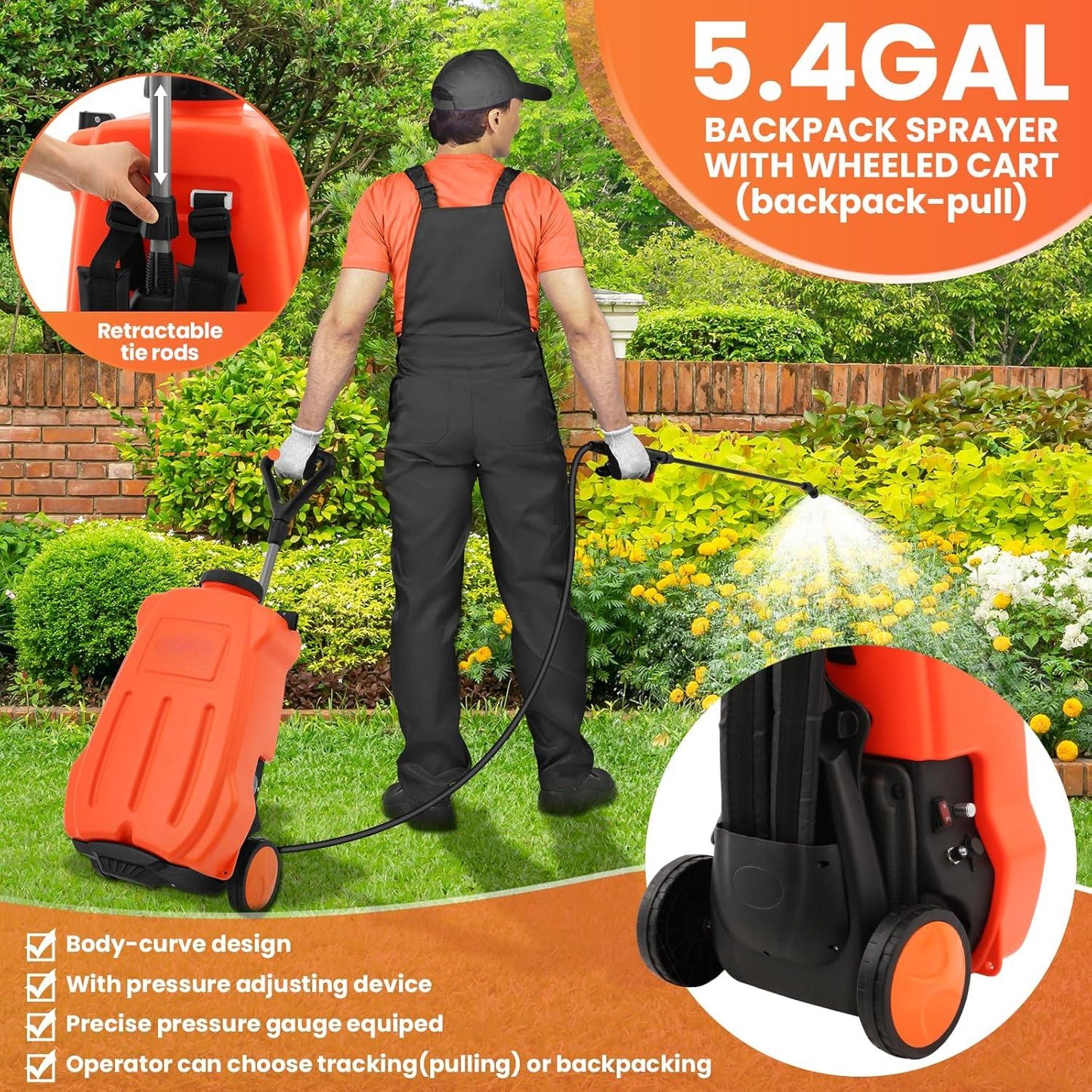 5.4 Gallon Battery Powered Backpack Sprayer with Wheeled Cart, Adjustable 0-94 PSI & 6-Hour Runtime