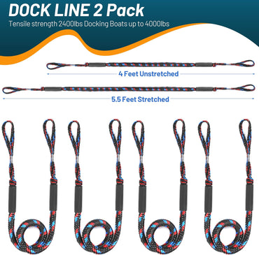 Boat Bungee Dock Lines Marine Mooring Rope Bungee Cord Docking Lines for Boat Docking Ropes for Kayak,Pontoon,Canoe (2 Pack,4 feet to 5.5 feet)