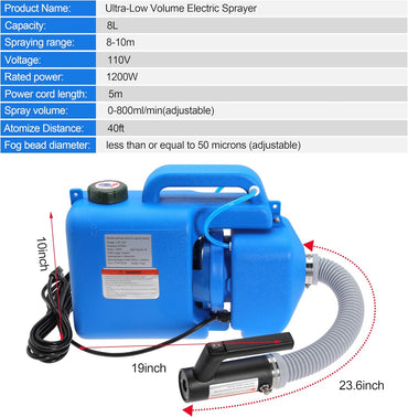 8L (2 Gallon) Electric ULV Fogger Machine Portable Mist Cold foggers Adjustable Flow Rate Atomizer Sprayer for Indoor and Outdoor Use