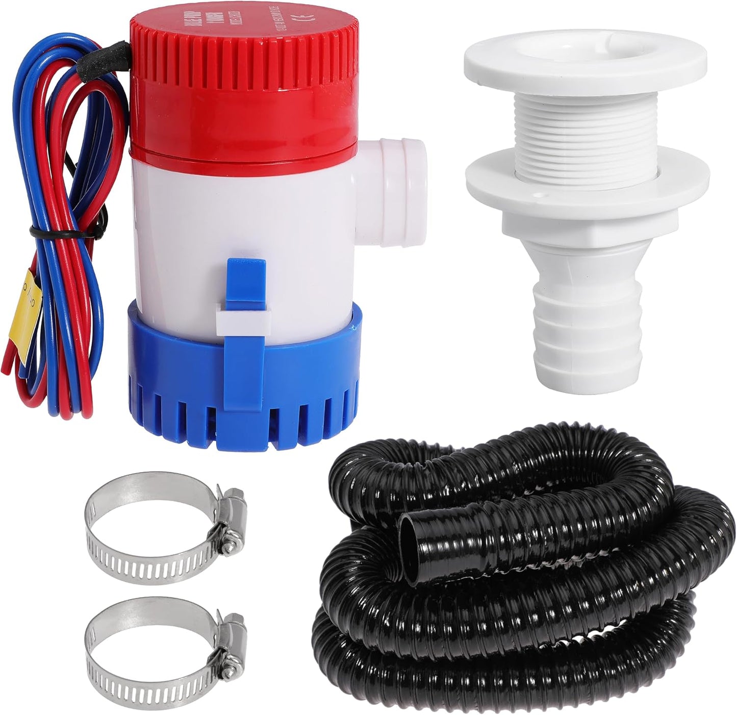 Boat Bilge Plumbing Kit 1-1/8 Inch Dia 12V Non-automatic Bilge Pump kit 1100 GPH with 6FT PVC Bilge Pump Hose (90 Degree Elbow)