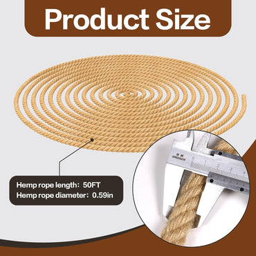Jute Rope, 15mm Thick Twisted Manila Ropes,Tug of War Rope, Natural Heavy Duty Hemp Rope for Swing Bed, Crafts, Railing, Tug of War, Home Decorating (15mm, 50ft)