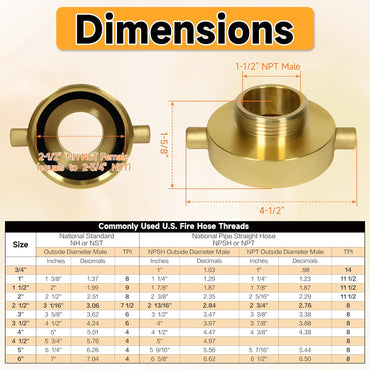 2-1/2""NH NST Female x 1-1/2"" NPT Male Fire Hydrant Adapter, Fire Hydrant Hose Adapter Brass Fire Equipment for Fire Hose or Hydrant with Pin Lugs,2PCS, Gold