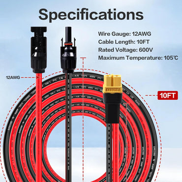 12AWG 10FT Solar to XT60 Charge Extension Cable for Solar Panels Portable Power Stations Solar Connector to XT60H Cables