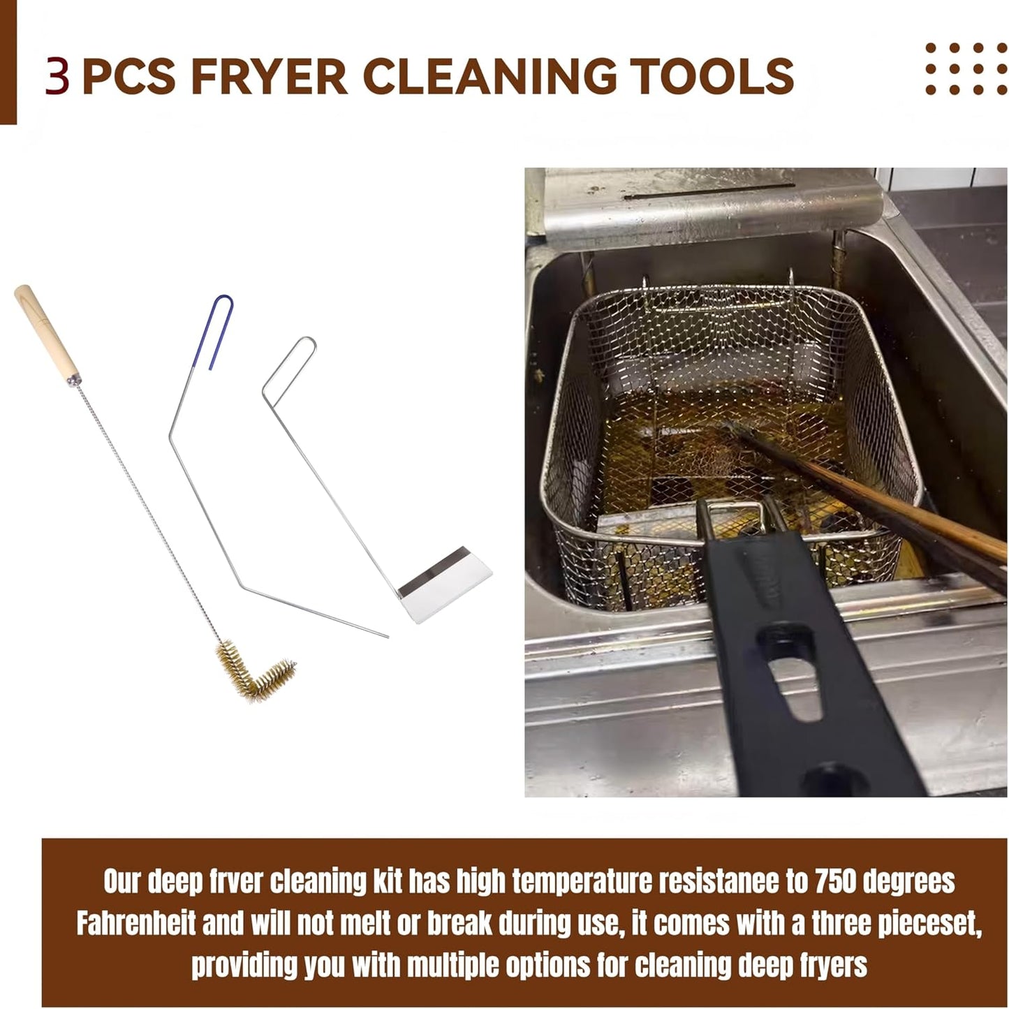 3 Pcs Fryer Cleaning Tools, L Shaped Brass Bristles Fryer Deep Cleaning Brush, Deep Fryer Crumb Scoop, Fryer Deep Cleanout Rod for Restaurant Air Fryer