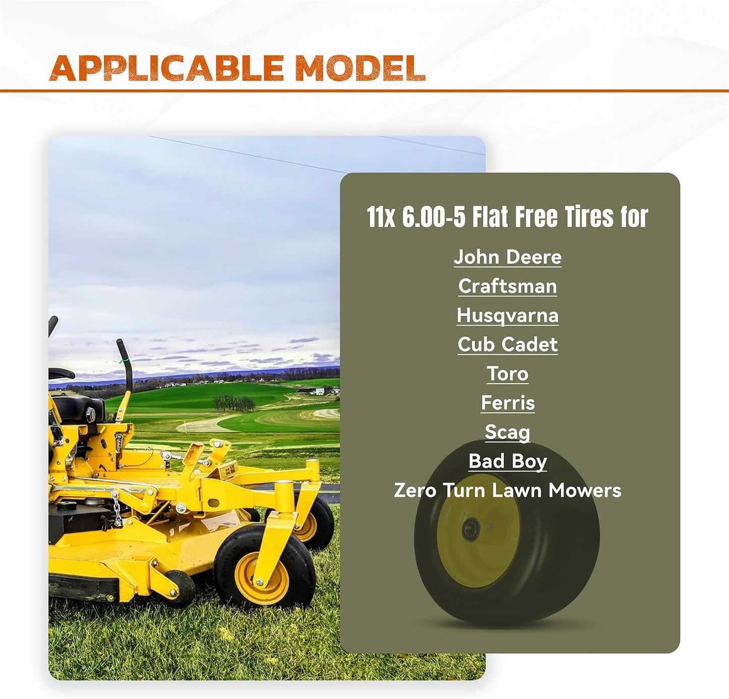11x6.00-5 Flat Free Tire, Lawn Mower Tires Assembly with 3/4"", 5/8"", 1/2"" Bearings for Bad Boy, for Zero Turn Lawn Mower Tires, for Go Kart Cub Cadet Front Wheel and Tire, 2 Pack