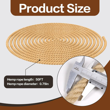 Jute Rope, 20mm Thick Twisted Manila Ropes,Tug of War Rope, Natural Heavy Duty Hemp Rope for Swing Bed, Crafts, Railing, Tug of War, Home Decorating (20mm,50ft)