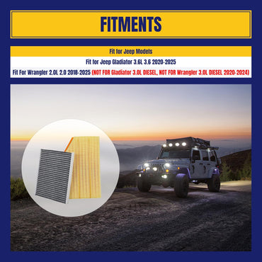 Engine and Cabin Air Filter for Jeep Gladiator 3.6L 3.6 2020-2025 for Wrangler 2.0L 2.0 2018-2025 Replace 68301863AA CF12450 68257030AA