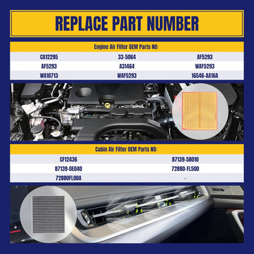 Engine and Cabin Air Filter for Subaru Crosstrek 2.0L 18-25 2.5L 21-25 for Forester 2.5L 25 for Outback 2.4L 20-25 for Ascent 2.4L 19-25 for Impreza 2.0L 17-25 for Legacy 20-25 Replace CA12295 CF12436