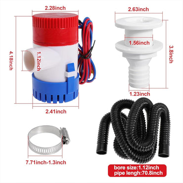 Boat Bilge Plumbing Kit 1-1/8 Inch Dia 12V Non-automatic Bilge Pump kit 1100 GPH with 6FT PVC Bilge Pump Hose (Straight Elbow)