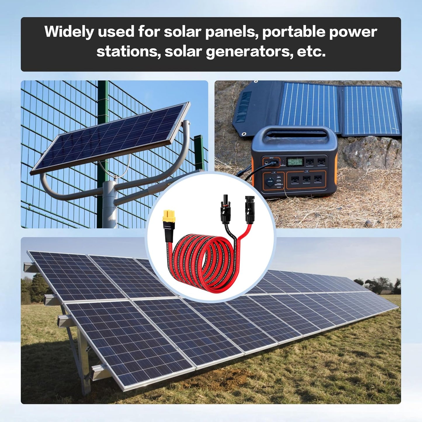 10AWG 2FT Solar to XT60 Charge Extension Cable for Solar Panels Portable Power Stations Solar Connector to XT60H Cables