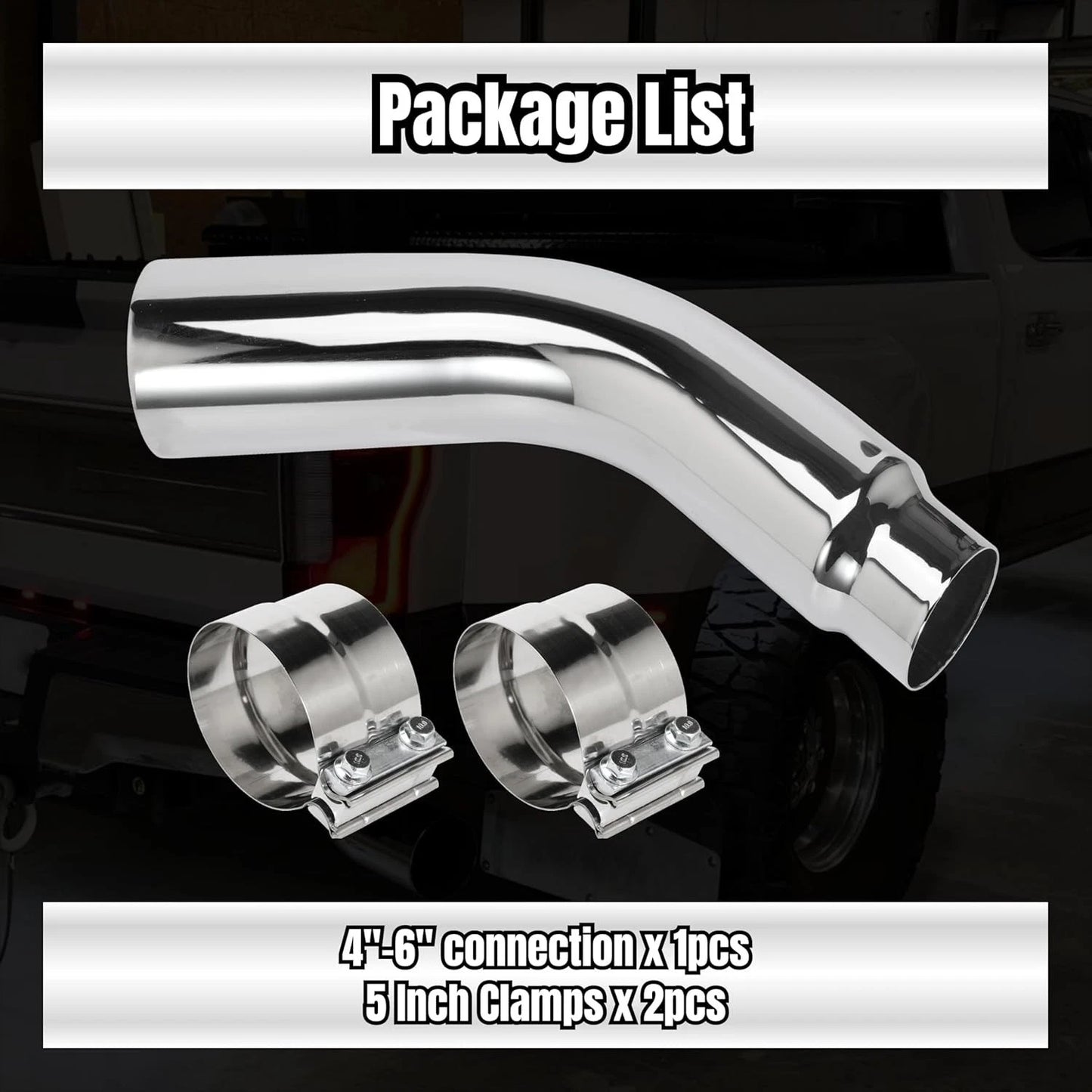 Diesel Exhaust Tips , 4" Inlet to 6" Outlet, 23" Long Chrome Exhaust Pipe Elbow