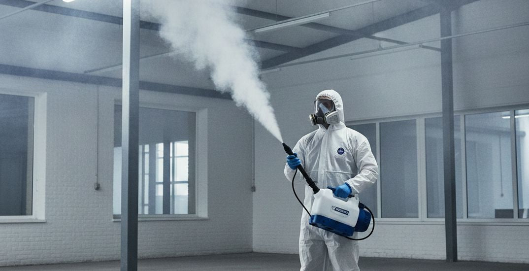  ULV fogger in use disinfecting room