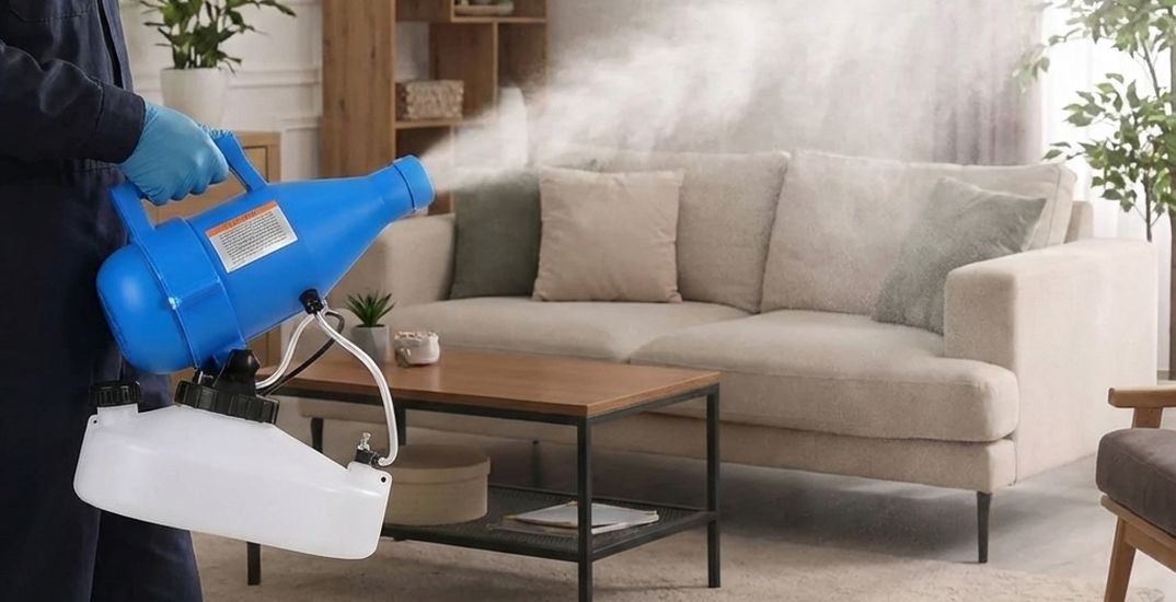 A person using a ULV fogger in a room